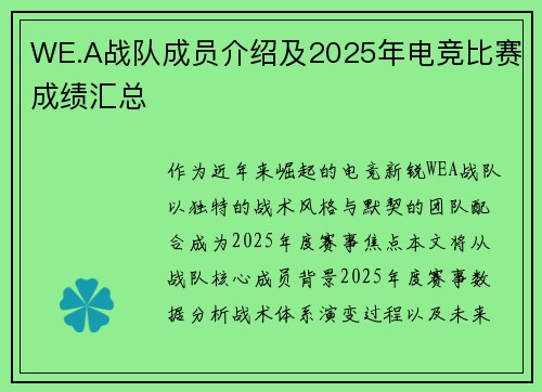 WE.A战队成员介绍及2025年电竞比赛成绩汇总
