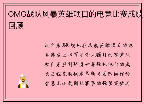 OMG战队风暴英雄项目的电竞比赛成绩回顾